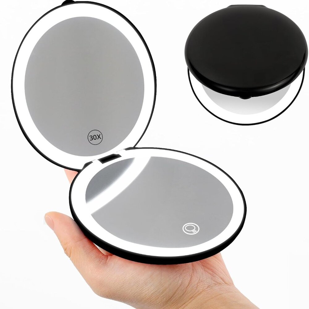 Led Lighted Folding Small Mirror with 3 Color Light, Large 4.8'' Rechargeable